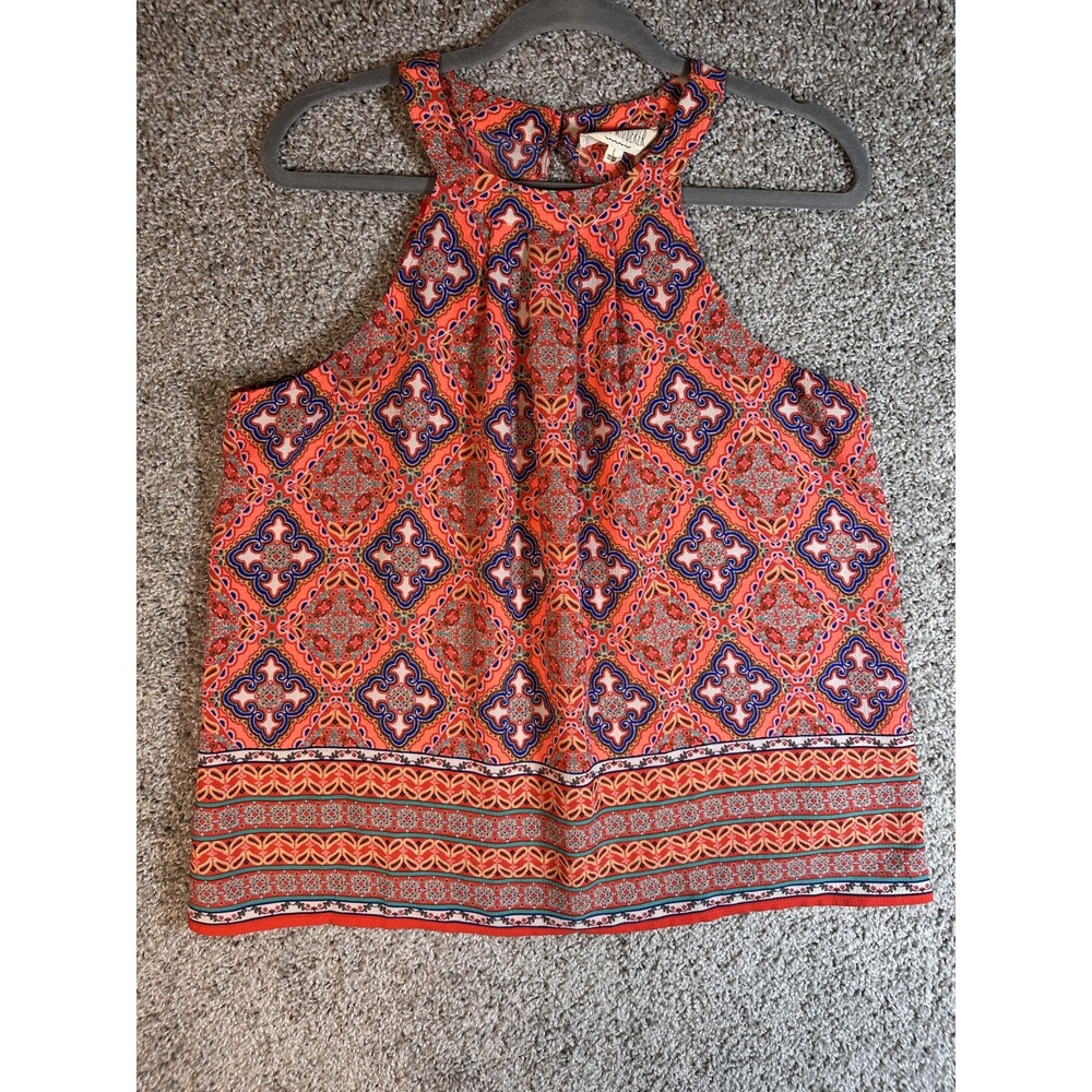 Sweet Wanderer Geometric Print Sleeveless Blouse L Orange Stretch Colorful Boho
